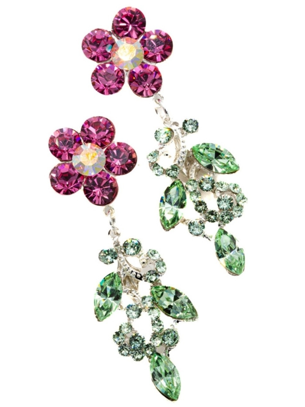 Floral Pink and Green Crystal Drop Earrings - Unbranded